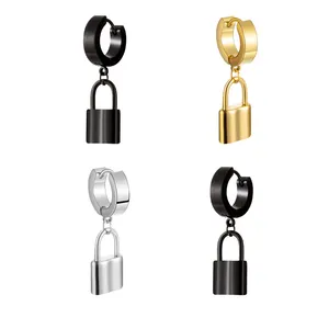 Hip Hop Jewelry Stainless Steel Silver Gold Plated Lock Shaped Charm Pendant Huggie Hoop Earrings For Men Women Gift