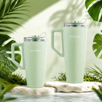 Lot de 2 gobelets isothermes à double paroi en acier inoxydable 18/8 avec poignée et paille rétractable, écologiques pour les voyages et la salle de sport