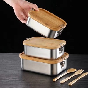 Stainless Steel Lunch <b>Box</b> Bamboo Lid Rectangle Bento <b>Box</b> With Buckle For Meal Storage - Product Image 1