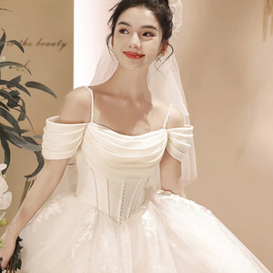 White Off Shoulder Wedding Dress Sweetheart Neckline Empire Waistline Polyester Evening <b>Gown</b> For Petite <b>Brides</b> - Product Image 1