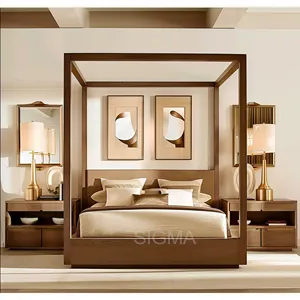 High end customize deluxe style furniture bedroom king size canopy natural solid oak wood bed