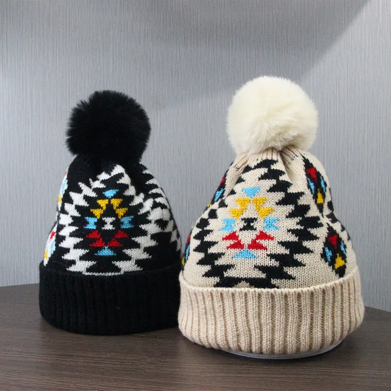 New Style Thicken Colorful Fleece Lined Beanie Hat Winter Warm Fur Pompom Ball Jacquard Women Knit Beanies Hat