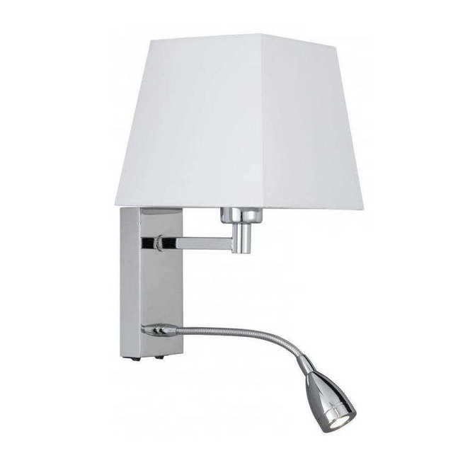 Polished Chrome Hotel Wall Mounted Lamps Sconce with White Fabric Shade & Flexible LED Reading Light