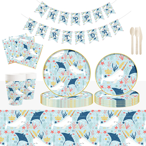 ชุดอุปกรณ์จัดงานวันเกิดเด็ก DAMAI ลายปลาวาฬ สีฟ้า รูปทรงกลม ภาชนะใช้แล้วทิ้ง กระดาษเช็ดปาก แก้ว จาน - Product Image 4