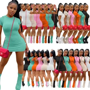 Benutzer definierte Logo Frauen Kleider Casual Street Wear Candy Farben Gerippte Strick Vestidos Sexys Mujer Bodycon Kurzes Kleid Frauen Lässig