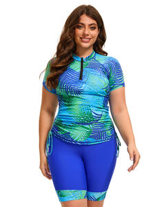 Traje de baño conservador de manga corta de talla grande Traje de baño Capri de una pieza con estampado floral europeo y americano con cordón - Product Image 2