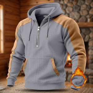 Sweat-shirt d'hiver pour homme, à capuche, mi-zippé, doublé, coupe-vent, en polaire, avec empiècements color-block, manches longues, non tissé, 360g - Product Image 3