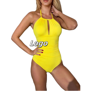 Traje de Baño de Una Pieza para Mujer, Color Sólido, Personalizado, de Spandex/Poliéster, con Sujetador Push-Up, Cuello Halter, Logotipo Frontal, Protección UV, Ropa de Playa - Product Image 1