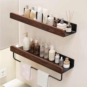 Rak Dinding Kamar Mandi <span class=keywords><strong>Aluminium</strong></span> Kayu Walnut Grosir, Tanpa Bor, Pemasangan Sekrup, Rak Pengering, Organizer untuk Perlengkapan Mandi - Product Image 2