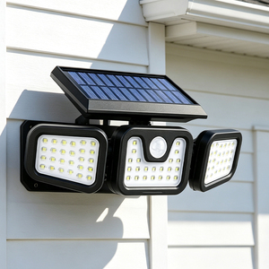 Lampe murale solaire intelligente d'extérieur 74 LED à 3 têtes avec détecteur de mouvement, projecteur de sécurité pour jardin, voiture et usage extérieur - Product Image 1