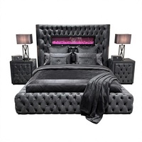 Cadre de lit King Size de luxe rembourré avec télécommande, cheminée et haut-parleurs pour la vente en gros de meubles de maison