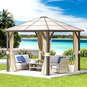 10' X 10' Hardtop Gazebo Polycarbonate Single Roof Aluminum Frame With Curtains And Netting Brown