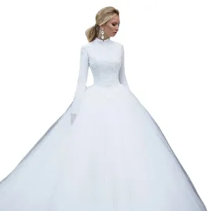Giá bán buôn đính cườm ren vải Wedding Dress dài tay áo Váy Cưới Công Chúa thanh lịch cao cổ áo váy cưới