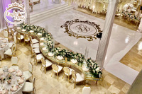 Table de salle à manger de mariage en cristal d'acier inoxydable S-Shape Half-Moon avec de grands hôtels events Furniture Combination Metal Wood Plastic