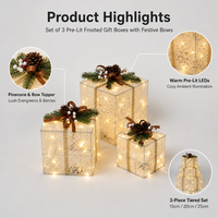 Coffret Cadeau de Noël Lumineux en Métal, Lot de 3, Forme Cube, avec Ruban Argenté et Maille Crème, Réutilisable/Durable, Décoration de Fêtes pour la Maison