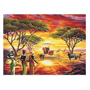 Venta caliente la pintura al óleo La mujer y los animales en los pastizales africanos Diy pintura decorativa sobre lienzo