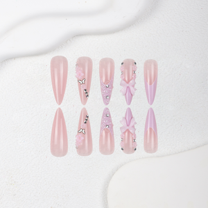 <span class=keywords><strong>Faux</strong></span> ongles longs à presser style stiletto, rose nude, avec nœud 3D, motif floral et strass, mignons, réutilisables, vente en gros, personnalisables - Product Image 3