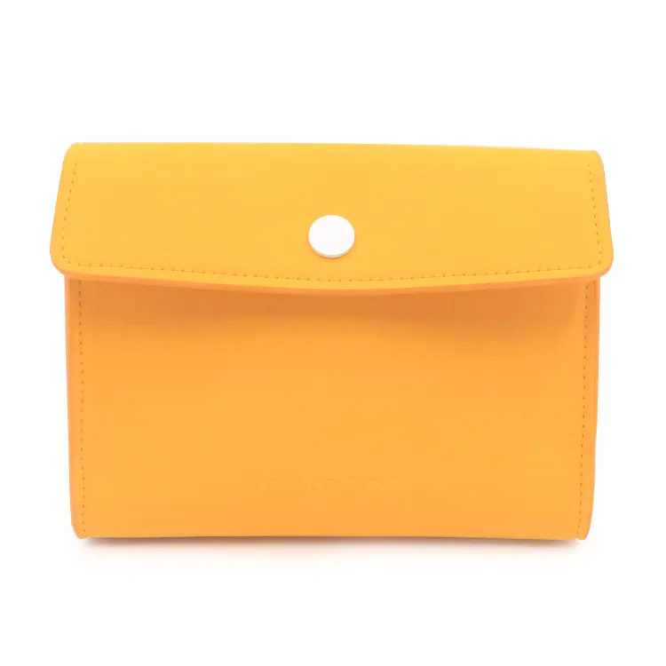 卸売カスタマイズ可能な黄色の革旅行オーガナイザー化粧品バッグスナップ留め付き