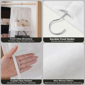 Handbag Hanging Organizer Foldable 6-<b>Pocket</b> Clear Windows Side Slots <b>Plastic</b> Home Closet Storage Shelves White - Product Image 5