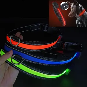 Custom Luxury Waterproof Reflective Nylon Rechargeable Smart Glow Light Up LED Pet Dog Collar with Hardware Buckles