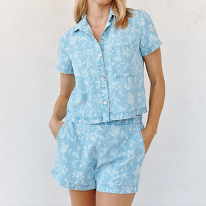 New Summer Beach Retro Washed Button-Down Shirt and Shorts <b>Set</b> Custom Floral Denim Women's <b>Set</b> - Product Image 3