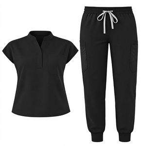 <b>Women</b> <b>Black</b> Scrub Set Polyester Knitted Short Sleeve Top Jogger <b>Pants</b> Hospital Uniforms - Product Image 3