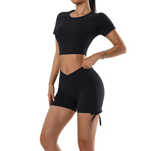 Conjunto de Yoga Sexy de Verano Personalizado, Top Corto y Pantalones Cortos de Cintura Alta con Cordón, Ropa Deportiva Elástica de 2 Piezas para Mujer - Product Image 1