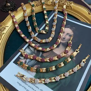 Set perhiasan gelang kalung anting-anting mutiara kristal batu permata berlian imitasi biji pelapis emas asli kualitas terbaik