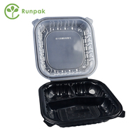 Boîte à lunch jetable en PP écologique 10x10 pouces, 3 compartiments, noire transparente, Guangdong, compatible micro-ondes, pour sushis, sandwichs, nouilles, à emporter