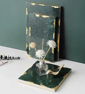 Hình chữ nhật vàng <span class=keywords><strong>Inlay</strong></span> đá cẩm thạch tự nhiên khay trang trí đồ trang sức vòng cổ lưu trữ khay đá cẩm thạch đế lót ly cho phòng tắm trang trí nội thất - Product Image 2