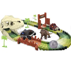 DIY Electric Dinosaur Track Car With Lights Dinosaur Theme Park Puzzle Rail Slot Dinosaur Vehicles Toys For Kids