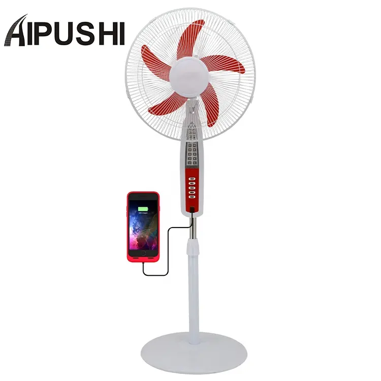 New Product 16/18" DC 12v Solar Rechargeable Stand Fan Inside battery Remote AC DC Stand Fan With bright LED light 5V 2A USB