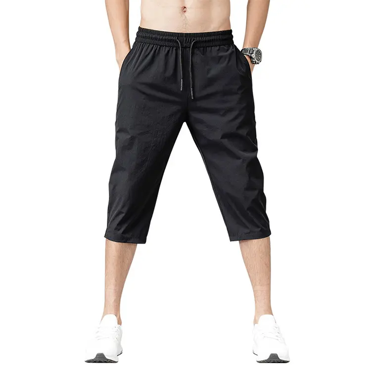 High-level Ice silk 3/4 lengths trousers elastic short pant loose fit men sport 3/4 cropped pants with drawstring