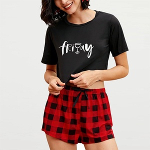 Nouvel ensemble de pyjama d'été pour femme style UE/US, imprimé <span class=keywords><strong>FRIDAY</strong></span>, manches courtes et short, deux pièces, en polyester et élasthanne - Product Image 2