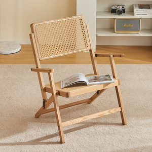 Chaise pliante en rotin et bois massif, style japonais, chaise de jardin, chaise inclinable pliable, chaise de loisirs avec accoudoirs - Product Image 1