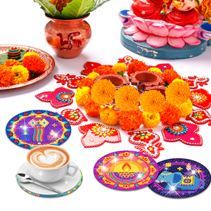 Kit de 8 dessous-de-verre en diamant Huancai pour Diwali, peinture en diamant DIY, dessous-de-verre en diamant pour le festival des lumières, avec support pour les fournitures de fête - Product Image 5