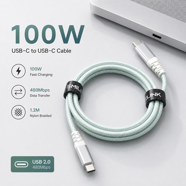 100W USB C to USB C PD Cable 1.2M 5A Fast Charging Metal Tip USB 2.0 Nylon Braided Type C Data Cable OEM ODM Custom Logo