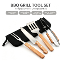 Accessoires de cuisine de camping en plein air portables en acier inoxydable avec manche en bois et étui de rangement, ensemble d'outils pour barbecue