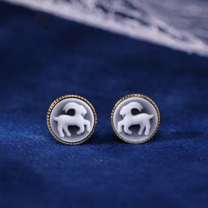 Heizun usine mode sculpté zodiaque <span class=keywords><strong>camée</strong></span> S925 argent plaqué or noir <span class=keywords><strong>Agate</strong></span> astrologique bout aiguille boucles d'oreilles pour femmes bijoux originaux - Product Image 5