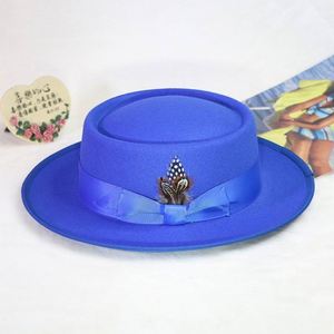 Custom High Quality Faux Wool <b>Fedora</b> <b>Hat</b> Fashion <b>Men</b> Sombreros Telescope Crown Pork Pie Boater <b>Hat</b> With Feather Satin Lining - Product Image 3
