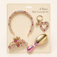 Ensemble de 4 accessoires pour cheveux en strass pour filles : serre-tête en cristal, pince à cheveux, porte-clés cœur, brosse à cheveux dégradée – Kit cadeau décoratif pour enfants