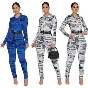 J & H-monos de una pieza con estampado de revistas para mujer, pantalones con cinturón de cintura, ropa de calle ajustada a la moda, nuevo diseño 2022