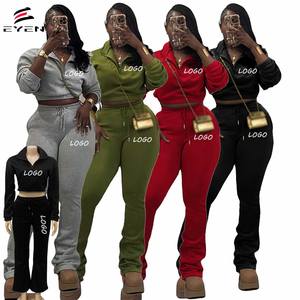 Kadın rahat spor seti özel Logo salonu kış kadın kırpma fermuar kalın polar yığılmış ter pantolon iki parçalı eşofman takımı - Product Image 1