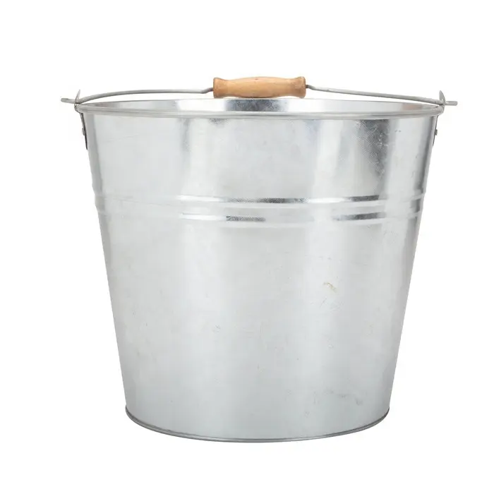 Mini balde de água galvanizado redondo, balde de água com cabo de madeira