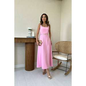 ชุดราตรีผ้าซาตินทรงเอไลน์สีชมพู คอเหลี่ยม เอวธรรมชาติ สีลูกกวาด ชุดราตรียาว - Product Image 4