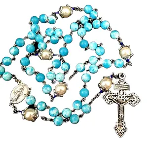 Flower pattern stone beads rosary necklace santo rosario