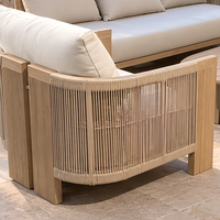 Ensemble de canapés de patio modernes en corde tressée avec table basse ovale en teck, mobilier de salon d'extérieur