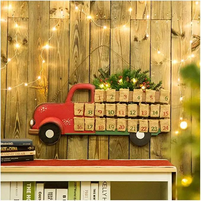 Rustic Christmas Advent Calendar for Kids 26.89" L Iron/wooden Lighted Truck Countdown Wall Decor Indoor Christmas Decoration