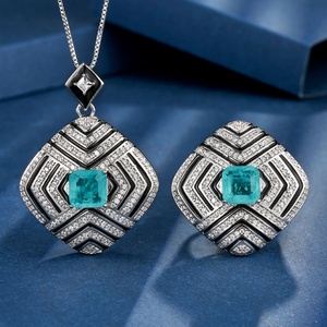 Vintage Eco-friendly Copper 8*8MM Blue Zircon <b>Necklace</b> Ring Jewelry Hypoallergenic Non-Tarnish Waterproof Gift <b>Set</b> for Premium - Product Image 3