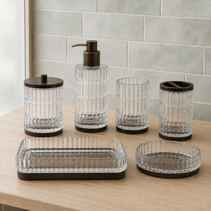 Juego de Vasos de Vidrio Transparente Acanalado de Primera Calidad con Detalles de Madera, Dispensador de Loción de 6 Piezas, Vaso, Jabonera, Tarro para Toallitas, Portacepillos de Dientes, Bandeja - Product Image 2